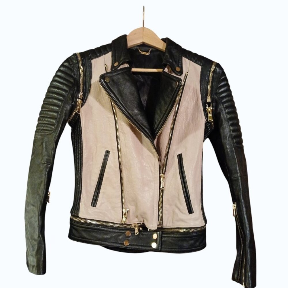 NWOT- DEARHUA Lamb Leather Jacket Unique Gold Hardware - Picture 1 of 16